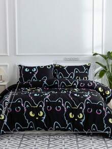 3pcs Cartoon Cat Gradient Line Full Size Bedding Set, Suitable For All Seasons, Includes 1 Duvet Cover & 2 Pillow Cases, Black, Suitable For Room Decor, Travel, And Dorms (Boys/Girls) - Black - View 10