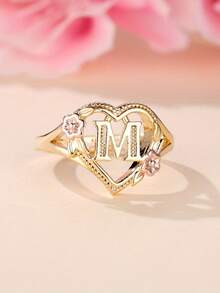 Tsnamer 1枚精美立方氧化锆金色字母心形戒指，26个字母A-Z可定制姓名花朵图案，可调节开口手镯式戒指，适合女性和女孩日常佩戴，生日珠宝礼物 - 金黃色花朵 - 查看 30