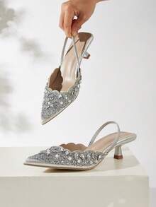 Women's Elegant Rhinestone Pointed Toe High Heel Pumps, Spring/Summer,Elegant,Party,Kitten Heels - Silver - View 2