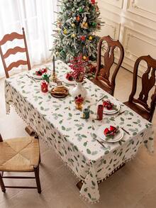 1pc Merry Christmas Rectangular Tablecloth, Green Pine Leaf & Pine Cone Print Pattern, Bamboo Texture, Washable, Suitable For Dining Table, Coffee Table, Nightstand, Cabinet Cover, Home Kitchen, Party, Christmas Decor, Holiday Gift, New Year Decoration - Green - View 20