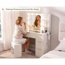 36.2 Inch Fluted Vanity Desk With Mirror And Adjustable LED Lights, Elegant Makeup Vanity With Glass Top, 4 Drawers, And Built-In Charging Station For Bedroom Or Dorm, Ideal For Women And Girls - Xem 6