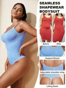 1pc Women Seamless Shaping Bodysuit With Thong Bottom, Slimming Bodyshaper Tummy Control Flat Belly Sheath Jumpsuit Shapewear Waist Trainer Shaper - 藍色 - 查看 2
