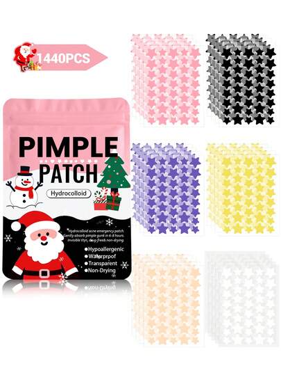 1440 圣诞 SHtar Shap 痘痘贴（粉色/黑色/紫色/黄色/肤色/白色），痘痘贴面膜 - 无香精，对羟基苯甲酸酯中性成人，适合所有肤质，无香料，无成分，适合各种节日派对，遮盖面部瑕疵，有趣的装饰 1200/960/480/240/40 片