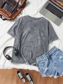Loose Knit Black Casual T-Shirt-Unisex, Comfortable Vintage Cotton Washed T-Shirt-L91 - 灰色 - 查看 1