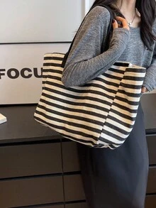 Canvas Tote Bag For Women, Large Capacity, New Summer Style, Versatile Shoulder Bag, Striped Texture, Suitable For School And Commute - Black and White - View 5