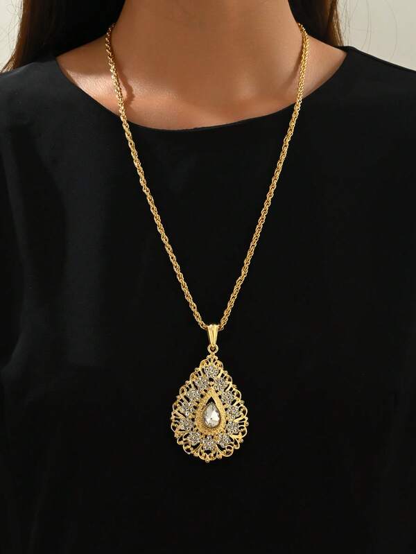 1pc Women's Gold Plated Hollow Pattern Necklace, Gold Bride Pendant Sweater Chain, Algerian Traditional Jewelry, Holiday Gift