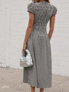 Women's Summer Dresses, Plaid Print Round Neck Short Sleeve Midi Dress For Casual Dailly Street Wear - 黑色 - 查看 5