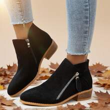 2025 Autumn And Winter Women's Fashion Ankle Boots And Short Boots, 2024 New Style Pointed Toe Design Fashionable Thick Heel Slim Boots - 黑色 - 查看 2