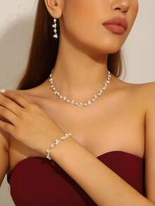 Three Pieces Set Diamond Pearl Gorgeous Necklace Earrings Bracelet Jewelry Set Suitable For Women's Daily Wear, Wedding, Party, Etc. - White - View 2