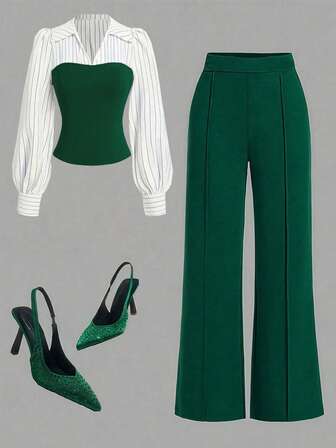 Women's Thin Striped Patchwork Elegant Casual 2 Pieces Set, Long Sleeve Top And Pants, Suitable For Office And Home, Spring/Summer/Autumn