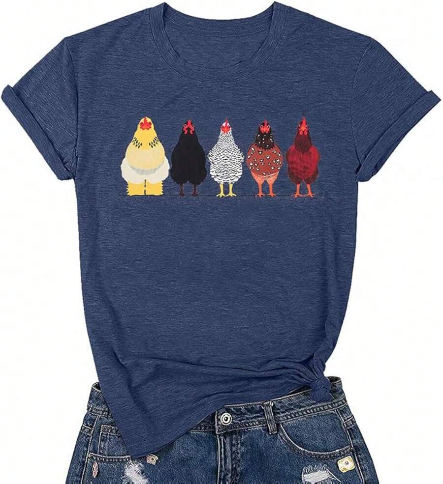 Chicken Tshirt Mom Cute T Shirts Womens Short Sleeves Farm Country Casual Tee Tops-Unisex Women & Men's Festival Daily Wear - Xanh lam-1 - Xem 1