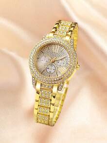 6件套奢华风格女士合金钢表带石英表，镶嵌钻石，三眼罗马数字和合金金首饰套装，心形钻石，适合晚宴派对 - 金色 - 查看 8