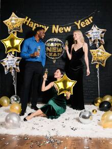 kumozawa 7pcs/Set New Year Decorative Foil Balloons, Black & Gold Star & Round Balloons With "Happy New Year" Print, Suitable For New Year Party Decoration, 2026 New Year Gala Decoration Balloons - Multicolor - View 2