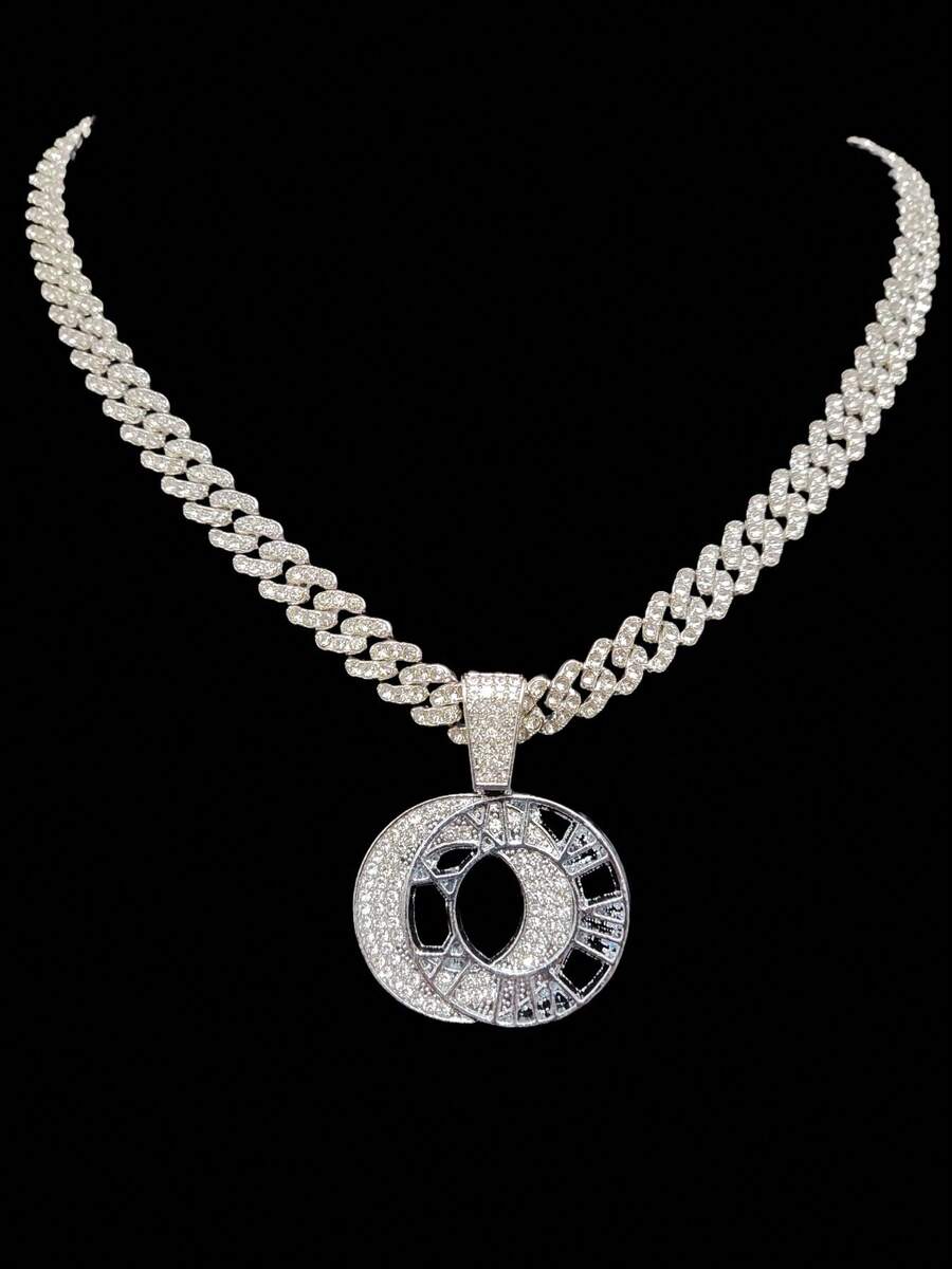 1pc Fashion Creative Roman Numeral Pendant With Alloy Rhinestone Cuban Chain, Unisex Hip-Hop Punk Necklace, Suitable For Daily Wear, Valentine's Day Gift, 2 Chain Options - Silver - View 1