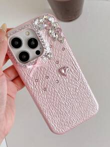 Snake Snakeskin Texture Bow Rhinestone Stacked Phone Case Compatible With Iphone 16, New Compatible With Iphone 17 Case, Shockproof Cover Compatible With Iphone 16 Pro Max, Compatible With Iphone 15 Pro Max, Compatible With Iphone 13, 14, 12, 11 Plus, Pink - Pink - View 2