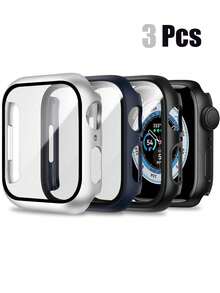 3 Packs Pc + Tempered Glass All-In-One Watch Case, Anti-Drop Stylish Protective Cover, Compatible With Apple Watch Case 40/41/42/44/45/46/49mm, Compatible With Apple Watch Series Ultra/Se/11/10/9/8/7/6/5/4, Smart Watch Accessories Men Wumen - Black+Blue+Silver - View 10