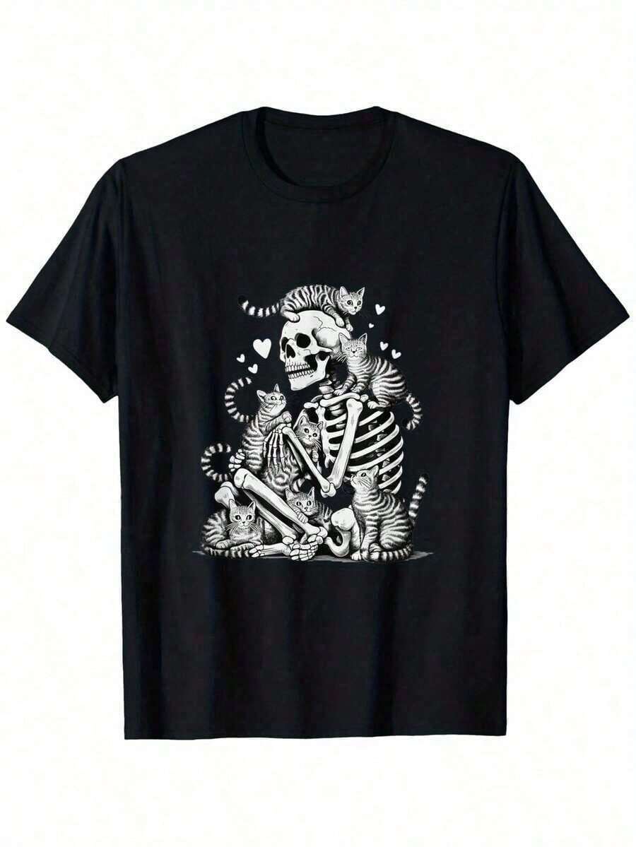 2025 Halloween Skeleton Skull Graphic-Shirt Youngsters – Soft Cotton, Breathable,-Wicking Casual Streetwear – Crew Neck Short Sleeve Tee – Halloween Boys And Girls, Youngsters Casual Wear Gothic Streetwear Durable Print, Halloween Clothes