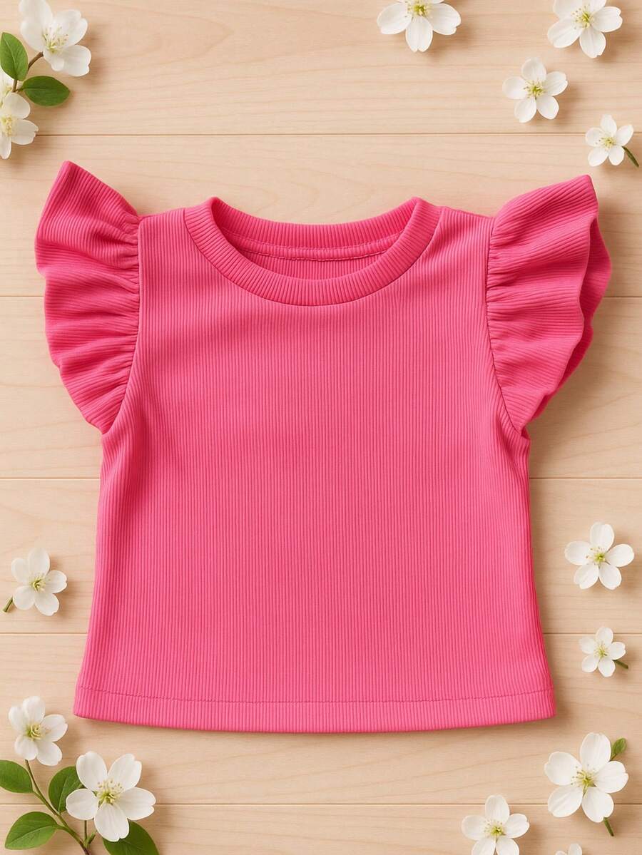 Blusa Infantil e Juvenil Cropped Frufru Manga Babado Canelada Ribana Super Deicado (Binf510) - Rosa Bebê - Visão 1