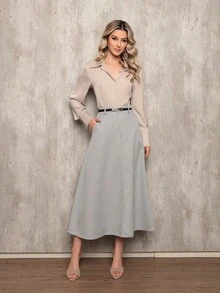 Long Monochromatic Tailored Skirt With Black Belt/Button Details/Casual/Look/Everyday/Summer/Elegant/Casual/Stylish/Collection 2025 - 淺灰色 - 查看 5