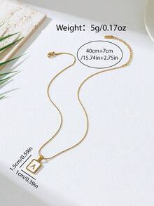 1pc Personalized Initial Necklace Stainless Steel Non Tarnish Women Letter Necklace - Golden Yellow + Snake Chain + Square - View 2