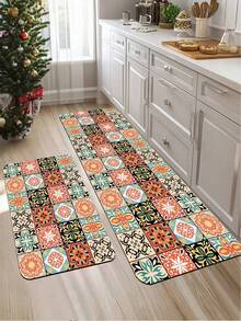 1/2片装硅胶厨房垫，高端田园风格撞色拼接图案，奢华时尚风格，缓冲防疲劳厨房地毯，厚度约3毫米，吸水性强，简约硅胶软橡胶垫，适用于厨房、浴室、玄关、洗衣房、书房、客厅等空间。 - 彩色 - 查看 11