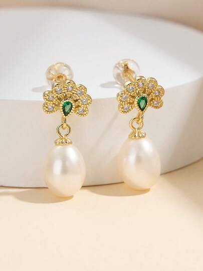 AETOLIA Orecchini in argento sterling con perle d'acqua dolce ovali da 7-9mm per donne, orecchini eleganti floreali per uso quotidiano, compleanni, matrimoni, appuntamenti