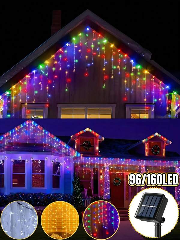 1 قطعة ضوء فيري خارجي بطاقة شمسية، ضوء فيري بار الثلج، 3.5م/7م، 96/160 مصباح LED ستارة شمسية، مقاوم للماء IP65، 8 أوضاع إضاءة، ديكور عيد الميلاد للمنزل والشرفة والحفلات والحدائق والأعراس (أبيض دافئ/أبيض/ملون)