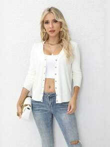 Women's Lightweight V-Neck Cardigan Sweater Solid Color Long Sleeve Slim Fit Jacket - 白色 - 查看 3