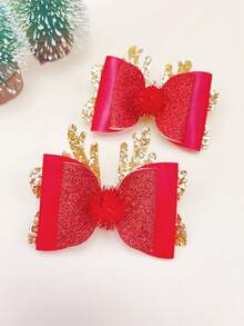 2pcs Christmas Deer Antler Bow Pom Pom Hair Clips, Children Christmas Holiday Costume Hair Accessories, Glitter Duck Clip, Suitable For Daily Outfit And Gift Matching