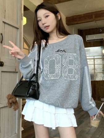 女式休闲字母印花不对称露肩长袖针织运动衫，秋季运动装