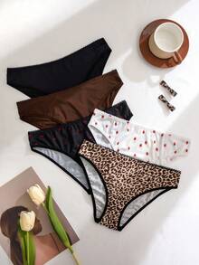 5pcs/Pack Women's Seamless Breathable Strawberry & Leopard Print Panties