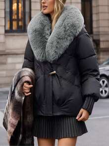 2025 New Thick Padded Coat With Fur Collar, Fashionable Padded Short Coat, Slim Fit Winter Outerwear - Black - View 1