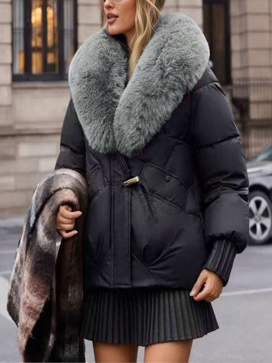 2025 New Thick Padded Coat With Fur Collar, Fashionable Padded Short Coat, Slim Fit Winter Outerwear - Black - View 1