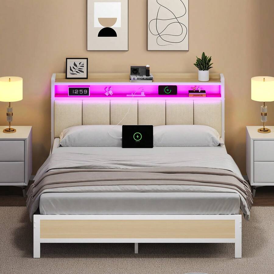LED Bed Frame With Storage Headboard, Upholstered Bed Frame With Charging Station, Metal Platform Bed Frame With Heavy Duty Metal Slats, No Box Spring Needed, Easy Assembly, Black/ White/ Beige - Xem 1