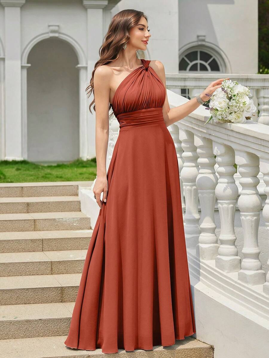 Volly Toych Auburn A-Line One Shoulder Keyhole Ruched Chiffon Elegant Maxi Formal Bridesmaid Dress, Wedding Guest Summer - 鏽棕色 - 查看 1