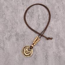 1pc Fashionable Minimalist Multi-Layer Asymmetrical Circle Pendant Long Necklace For Women - Golden Corrugated Round Plaque - View 7