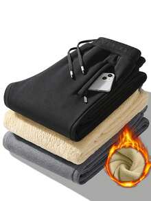 Quần nỉ lót nhiệt dáng rộng thoải mái cho nam, vải dệt kim mềm mại và co giãn, thích hợp mặc hàng ngày, thể thao, thu/đông - màu đen - Xem 5