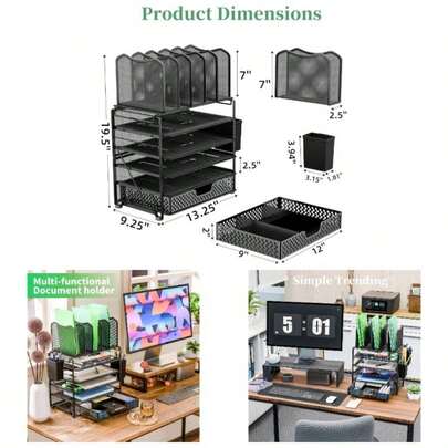 5 Tier Mesh Desk File Organizer, Paper Letter Tray File Holder With Sliding Drawer Organizer Office Home, Black