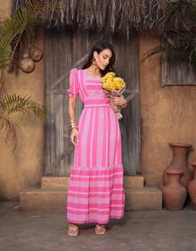 Elegante Vestido Casual Longo Feminino Estampado Com Mangas Elegantes, Elástico na costa Bojo, Forro Confortável - Pink - Visão 5