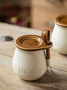 1pc Ceramic Seasoning Jar With Lid And Spoon, Household Kitchen Salt Jar, Sugar Jar, Coffee Bean, Tea Leaf Storage Canister - Beige - View 3