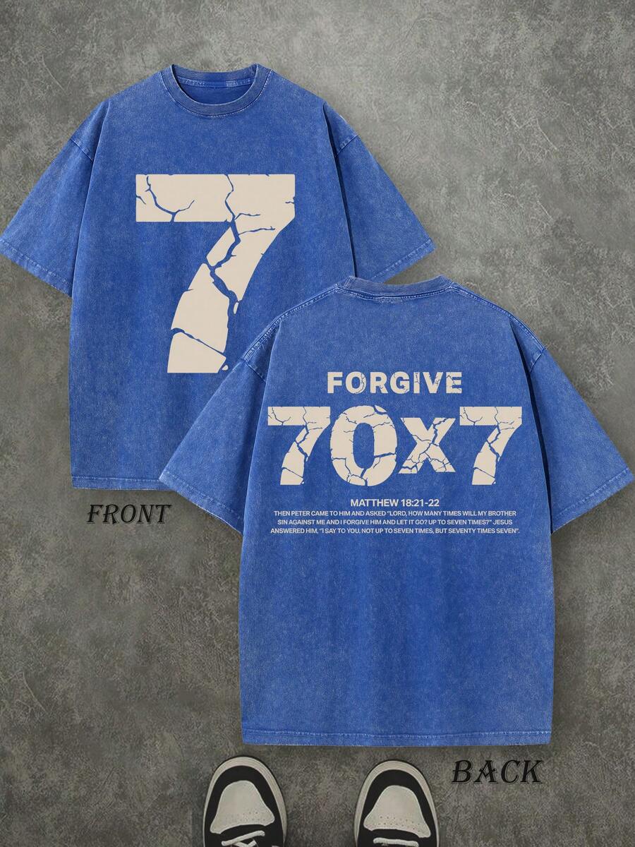 Forgive 70x7 Christian Shirt, Christian Scripture T-Shirt, Vintage Retro Washed Shirt Double Sided Printed (230 Heavyweight Pure Cotton T-Shirt)  High Quality Christian T-Shirt, Christian Gifts, Men's And Women's Shirts, Comfortable, Fashion Christian Shirt, Street Style Pure Cotton Fall Shirt - Xanh đậm - Xem 1