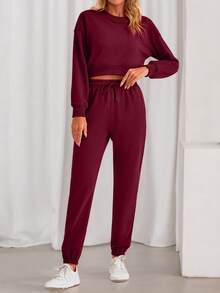 Women Fall 2 Piece Outfits Casual Long Sleeve Crop Top Drawstring Pant Jogger Suit Jumper Sportswear Sweatsuits Tracksuit Matching Set - 酒紅色 - 查看 4