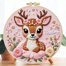 1 Piece Embroidery Kit, 20x20cm/7.9x7.9 Inches Pink Deer, Pattern DIY Embroidery Kit, Suitable For Adult Beginners, Including Embroidery Cloth, Instruction Manual, Embroidery Frame And Needle And Thread, Christmas Gift For Friends Or Family, Furniture, Office Handmade Artwork
