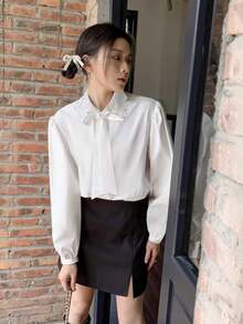 女士休闲蕾丝镂空领衬衫，优雅蝴蝶结长袖上衣，秋冬 - 白色 - 查看 2