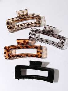 4pcs Glossy Solid Color & Leopard Print Extra Large Square Hair Claw Clips, Creaseless Ponytail Holder, High-End Hollow Shark Design, Suitable For Outdoor, Party, Holiday, Birthday, Ideal Gift Winter Hair Accessories Elegant Hair Clutch