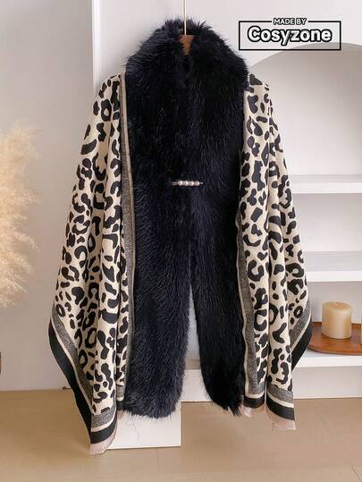 1 st vintage leopardmönster och hundtandsmönster i jacquard med fluffig krage, varm dekorativ halsduk/poncho för kvinnor, levereras med pärlbroschnål, trendigt accessoar, perfekt present till kvinnor, lämplig för vardagsbruk och klänning