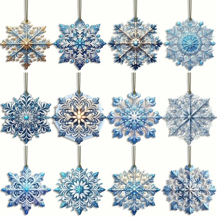 Creative Blue Snowflake-Themed Decoration Christmas Tree Party Decorative Cabinet Pendant Made Of Wood - 24件套裝雙面 - 查看 1