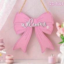 1/2个粉色蝴蝶结挂饰，印有“欢迎”字样，优雅木质墙饰，适合女孩房、婚礼、生日派对、宿舍和公寓，配有挂绳，浪漫风格，圣诞装饰，2D家居装饰，房间装饰 - 粉色 - 查看 6