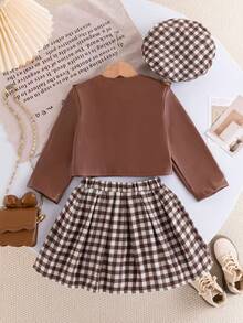 3 件套女婴春秋时尚飞行员夹克、褶皱格子裙和贝雷帽套装，适合日常、户外、上学、旅行和通勤 - 棕色 - 查看 2