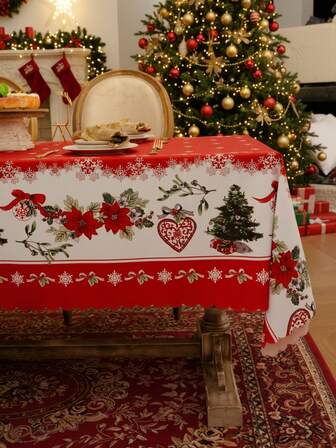 1 Piece Christmas Holly Berry Printed Polyester Tablecloth - Stain & Wrinkle Resistant, Christmas Easy-To-Clean Decorative Fabric Table Cover, Suitable For Indoor & Outdoor Gatherings, Parties, Dining, Outdoor Events, Buffets And Weddings - Perfect Ambiance Home Decor Rectangular Tablecloth